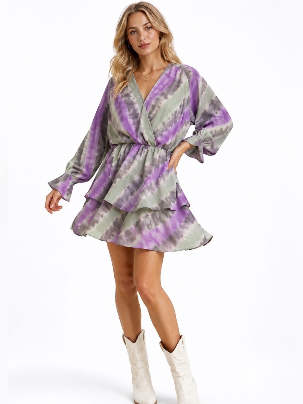 Umgee purple and gray tie-dye mini dress with ruffle sleeves and tiered skirt